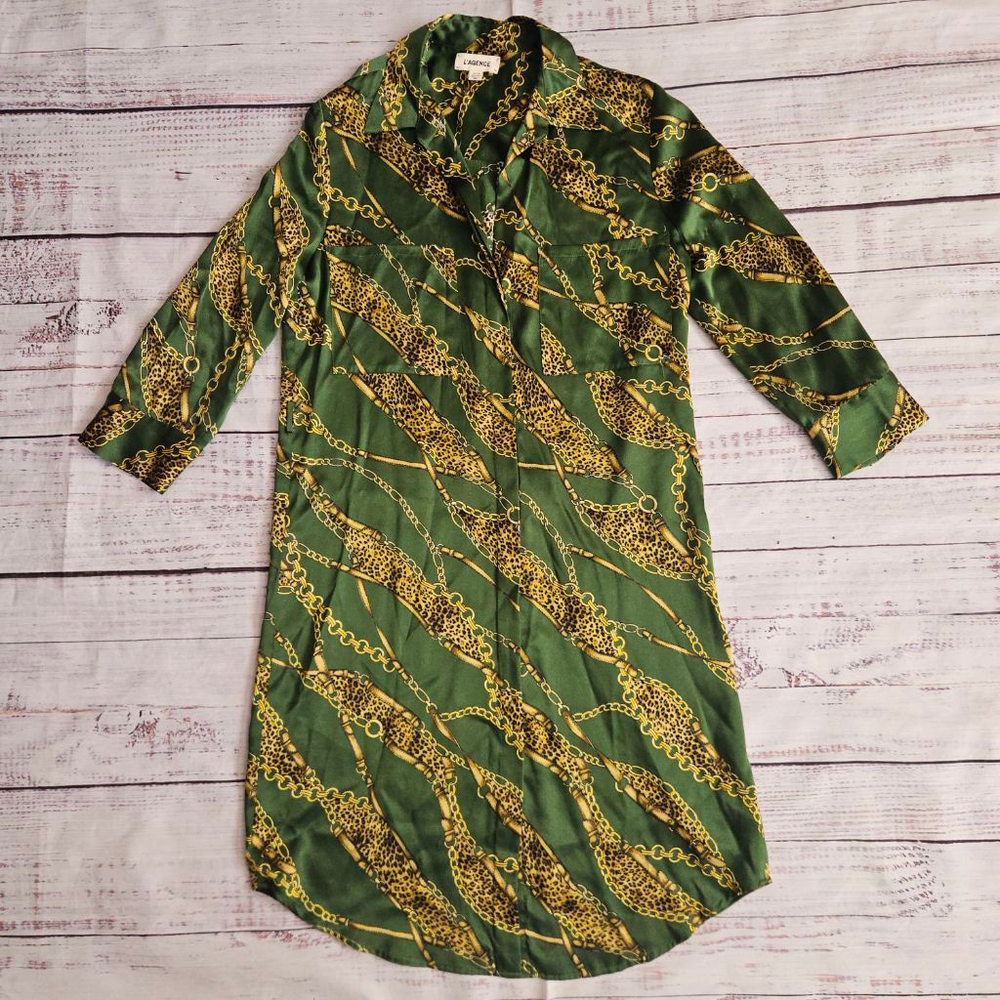 L'agence Nina Silk Green Gold Chain Cheetah Print Button Down Collared Dress XS